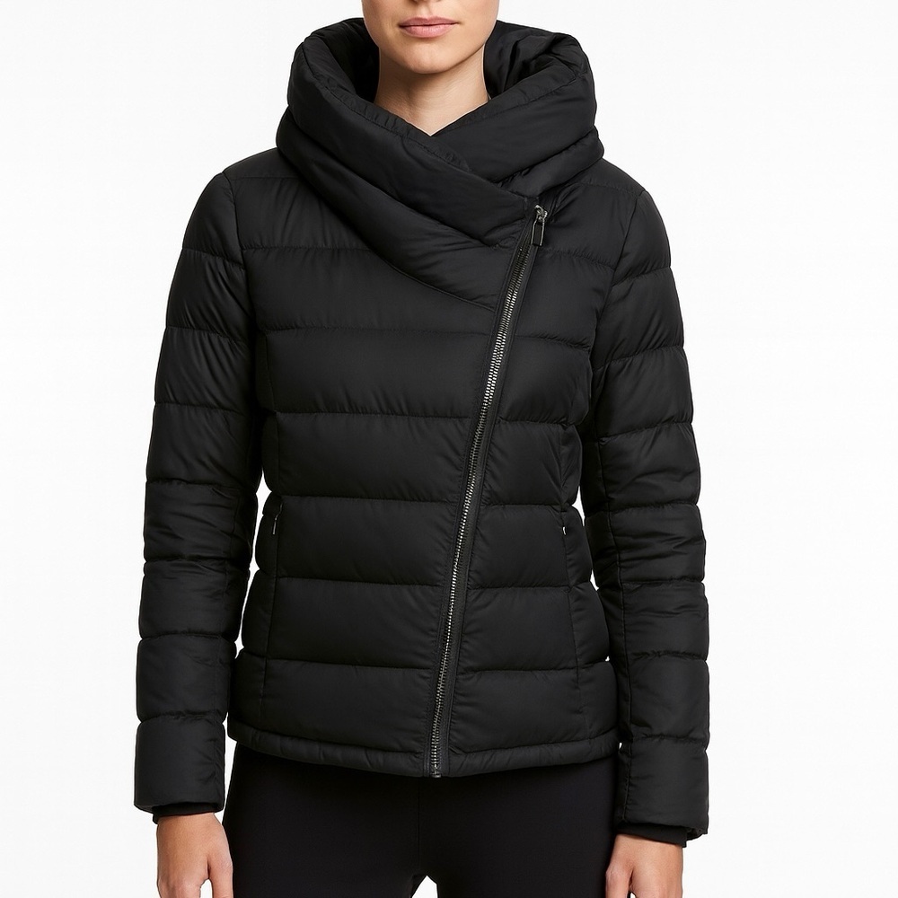 🆕 DONNA KARAN Jacket Down PufferCoat w Funnel Neck Hood Designer circa1989 BLK S